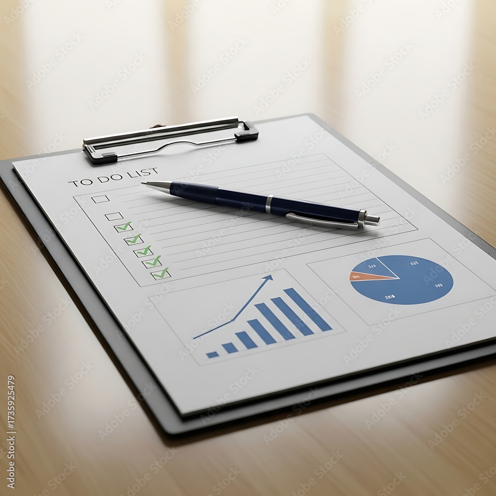 Clipboard with To Do List, graphs and a pen on a wooden desk. Stock ...