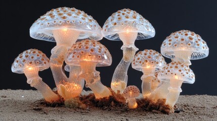 Illuminated mushrooms with glowing interiors.
