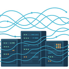 Servers in a data center, network traffic, digital data streams, tech infrastructure, background out of focus