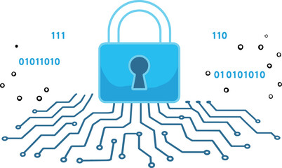 A Cybersecurity Fortress: A radiant padlock represents strong protection, guarding a circuit board while digital data streams through complex pathways, evoking a sense of safety and security