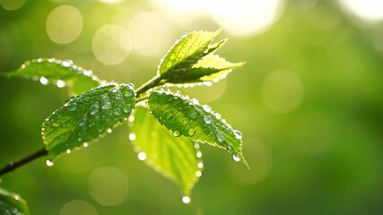 Wall Mural - Extreme close-up of tender green leaves gently waving and fluttering in a soft breeze against a bokeh background close-up, movement, serene