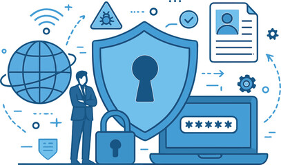Cybersecurity for businesses and online initiatives, illustrated with vector graphics of data protection services, encompassing privacy, data security, and internet safety concepts against a