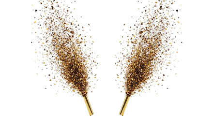 Two golden party poppers exploding with confetti isolated on transparent background, perfect for celebrating any special occasion or event