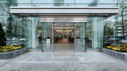Wall Mural - Architectural photograph of modern glass double doors at the entrance to a contemporary corporate building. The sleek metal frame reflects the clean lines of the urban city.