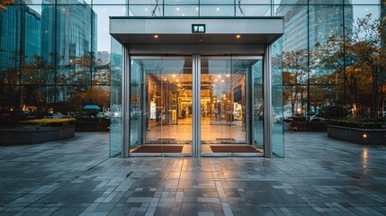 Wall Mural - Architectural photograph of modern glass double doors at the entrance to a contemporary corporate building. The sleek metal frame reflects the clean lines of the urban city.