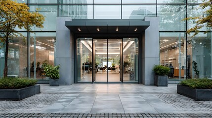 Wall Mural - Architectural photograph of modern glass double doors at the entrance to a contemporary corporate building. The sleek metal frame reflects the clean lines of the urban city.