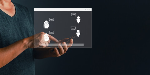 man use software command prompt service AI chat. Artificial Intelligence technology disruption concept. smart robot AI generates digital assets. using AI for data analysis support in the business.