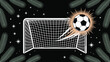 © Sheraz - A soccer ball with a radiating light effect near a goal net surrounded by stars and leaves on black