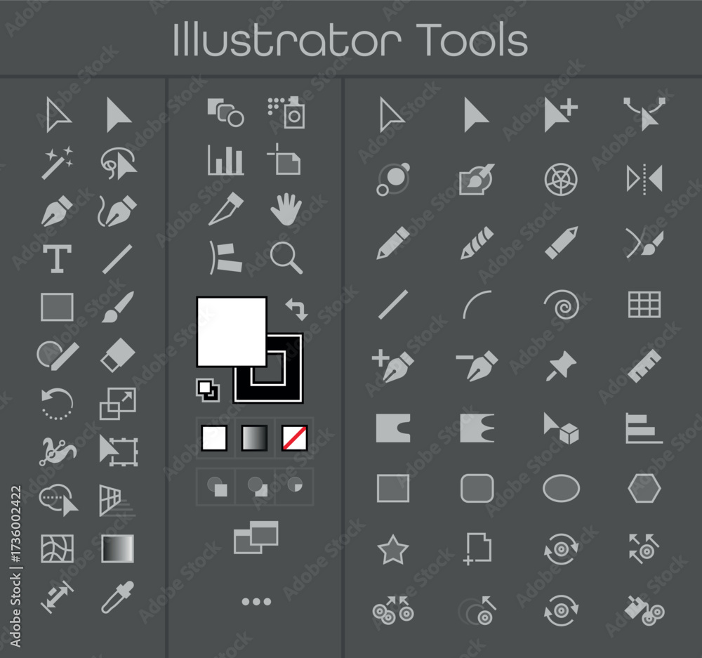 Vector icon set of popular graphic design and editing tools on a dark ...