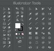 © Lena Palamarchuk - Vector icon set of popular graphic design and editing tools on a dark background. Perfect for tutorials, interface concepts, creative projects. Flat minimal style for digital use. Vector illustration
