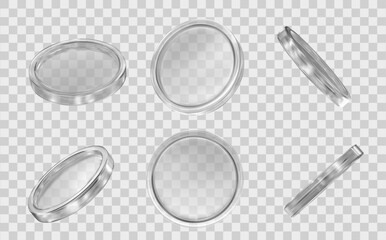 Wall Mural - 3D set glass transparent coins with different angles. Design elements. Stock vector illustration on isolated background.	
