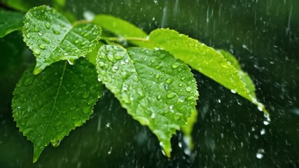 Wall Mural - Dynamic close-up of small hail stones forcefully impacting vibrant green leaves, causing a gentle rustle and scattering water droplets with a shallow depth of field texture, precipitation, impact