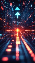 Wall Mural - A futuristic digital corridor with blue light and an upward arrow.
An abstract visualization of technological progress for IT companies, presentations about the future, and websites about innovation.