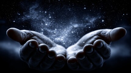 Wall Mural - Enormous human hands float through space surrounded by stars and galaxies within the universe, symbolizing the hands of God as they create the world, fueled by cosmic energy and deep outer space