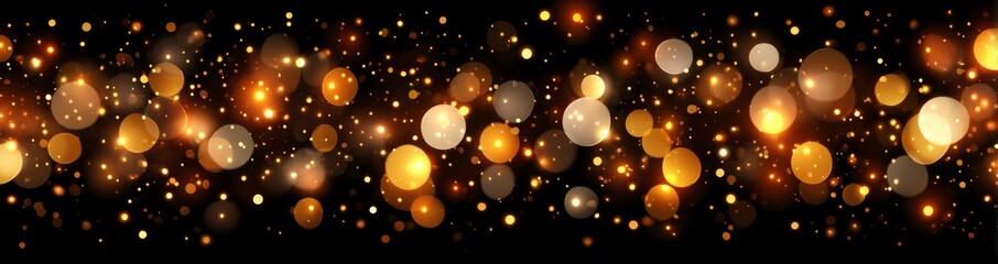 A template banner with shine effect and glow blurred glittery spark set against a black background with golden sparkles and shiny glitter bokeh