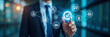© Manu - A businessman interacts with digital icons representing standard quality control, showcasing assurance and guarantee in the automation process, underlining effective management in a modern work enviro