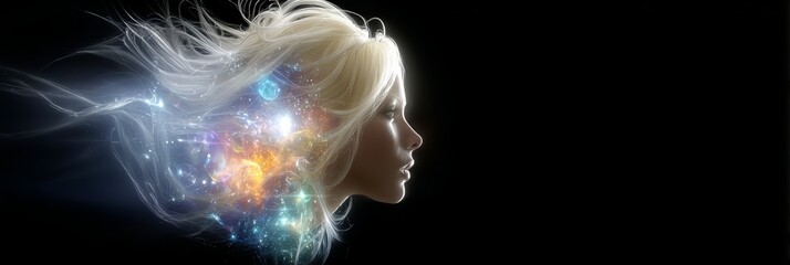 Wall Mural - The profile of a serene woman is bathed in golden starlight, merging with a swirling nebula of creation to represent cosmic consciousness