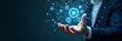 © Manu - Hand interacting with holographic digital automation interface displaying gears data analysis optimization icons symbolizing business automation and process optimization in empty space concept as Hand