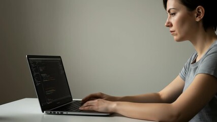Woman programmer typing code on laptop while working remotely or at office, showing hands and keyboard activity motion footage.