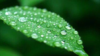Wall Mural - Close-up of a vibrant green leaf glistening with fresh raindrops, captured with a macro lens and a slow pan across the surface organic, clean, commercial