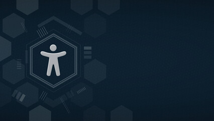 Digital background with a glowing accessibility symbol in a hexagonal frame, offering ample copy space for text related to inclusion, technology, or web design.