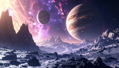 Wall Mural - panoramic view of exoplanetary landscape with gas giants and starry sky