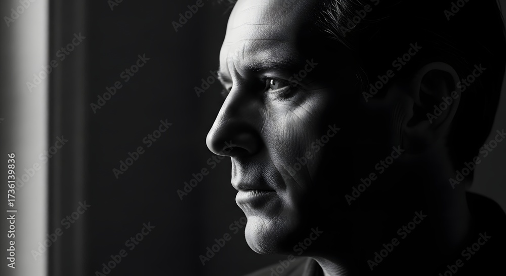 Black and white portrait of a man in profile, gazing thoughtfully out ...