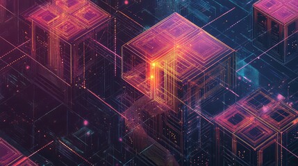 Futuristic technology data network connecting abstract glowing cubes
