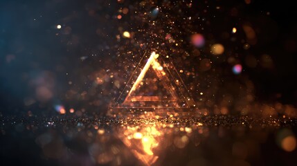 Wall Mural - Glowing golden triangle geometry on glittering particle background