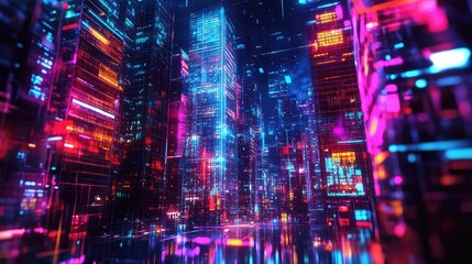 Wall Mural - Futuristic metropolis with glowing neon digital data connections