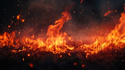 Wall Mural - Wildfire burning dry grass with intense flames and smoke