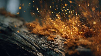 Wall Mural - Glowing golden sparks bursting on old wood