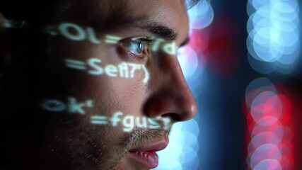 Focused Man Profile Code Overlayed with Bokeh Lights Background