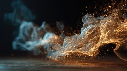 Wall Mural - Golden particles and blue smoke flowing across dark background