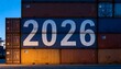 © gino - Stacked shipping containers displaying the number 2026 at a port terminal during dusk, symbolizing global trade, logistics, industry growth and the importance of commerce in shaping future economies.