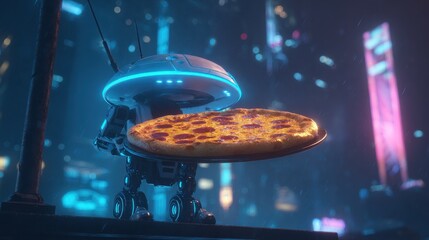 a delivery robot with glowing blue accents holds a large cheesy pepperoni pizza aloft in a vibrant futuristic cityscape at night