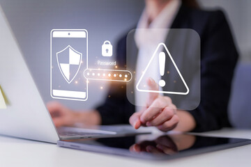 Wall Mural - Business professional secures digital data online. User identifies internet security password threat warning.
