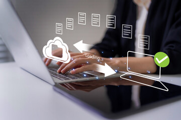Wall Mural - Professional hands working laptop uploading downloading files cloud computing system digital data management successful process office environment