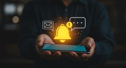 Man holding smartphone with notification icons for message and alert