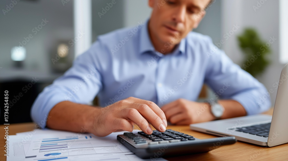 Professional accountant working with numbers using calculator near ...