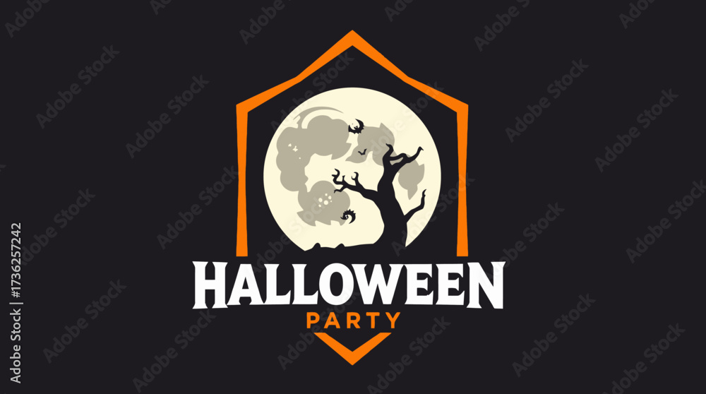 Halloween party graphic with a full moon, bare tree, and clouds inside an orange geometric frame.