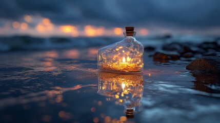 Wall Mural - Enchanted bottle with candle on misty beach at sunset