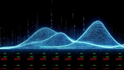 Dynamic digital wave flowing over servers with binary code, a futuristic concept for data processing and cybersecurity technology innovation