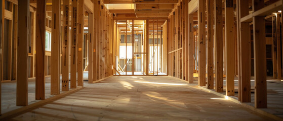 Wall Mural - A bright hallway in the wooden frame of a new house, with sunlight creating a cozy atmosphere, useful for articles on construction and interior design.