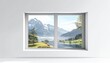 © Bakeke - Inside a bright white room, a modern window frames a picturesque view of snow-capped mountain peaks overlooking a tranquil lake, lush green trees, and rolling hills under a clear blue sky, evoking...
