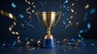 © PixelVerseStudio - Golden trophy with blue ribbons and confetti a celebration of success