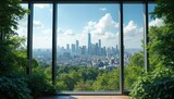 City skyline seen through large window framed by rich green trees and plants. Modern architecture contrasts with nature beauty, offering a peaceful urban view.