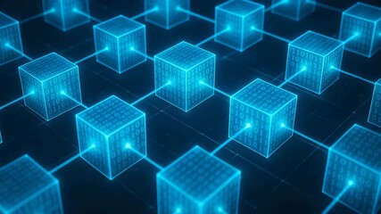 A futuristic visualization of a blockchain network showcasing interconnected digital cubes glowing in blue light.