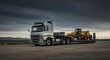 © hd - Heavy machinery transport showcasing a Volvo truck carrying a yellow excavator with dramatic sky