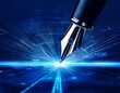 © Brandon - close up of pen signing a glowing digital signature on dark blue background